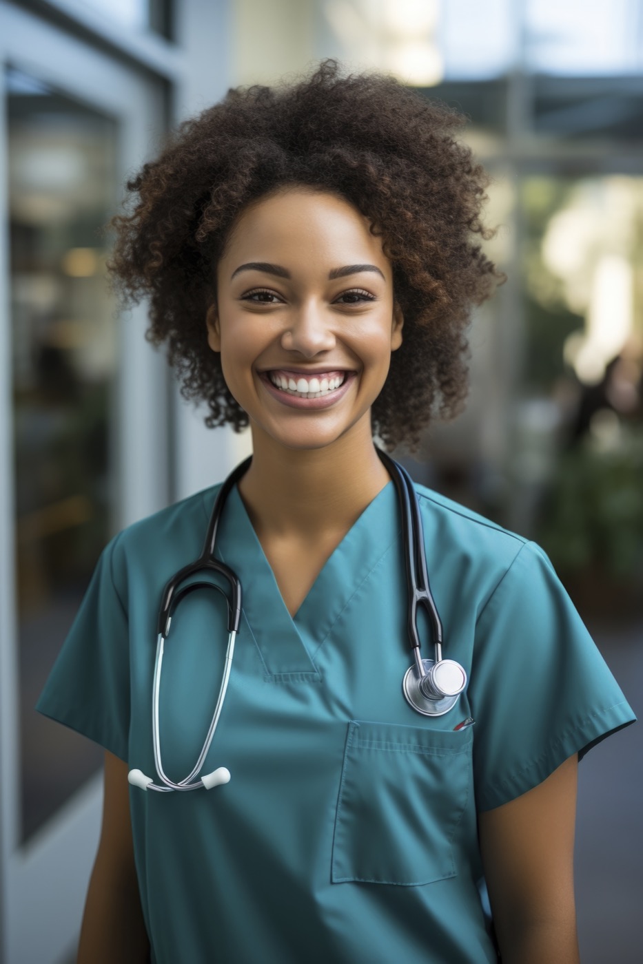 A smiling nurse in scrubs with a stethoscope